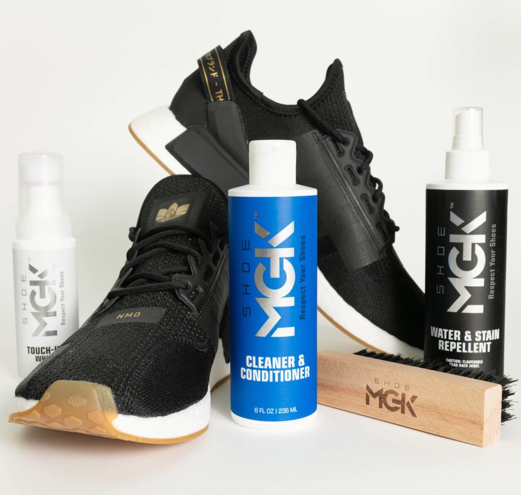 Shoe MGK products next to Adidas NMD