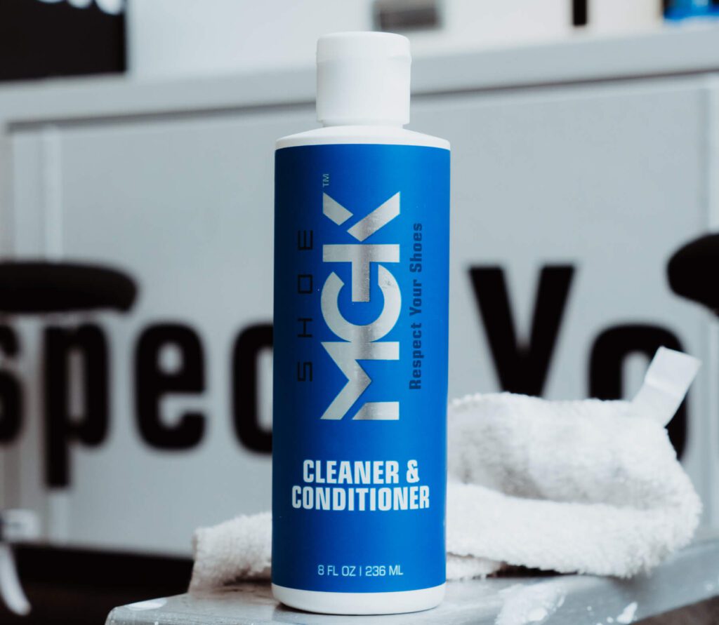 A bottle of the Shoe MGK Cleaner and Conditioner