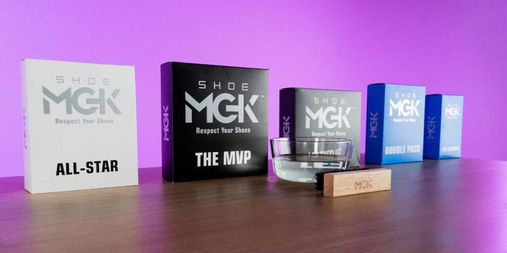 Shoe MGK products lined up on a table