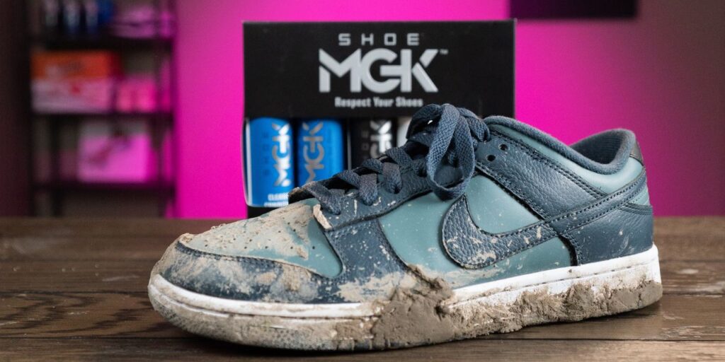 A dirty Nike shoe infront of the Shoe MGK MVP kit