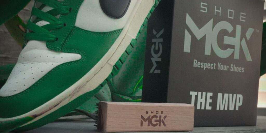 green and white shoes leaning against a box of the Shoe MGK MVP Kit XL