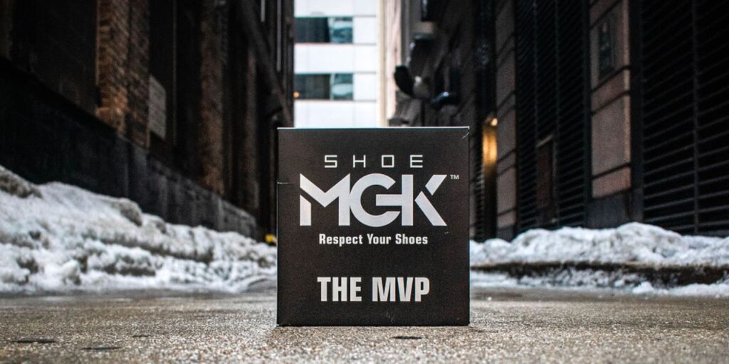 A box of the Shoe MGK MVP Kit in a snow-covered alleyway