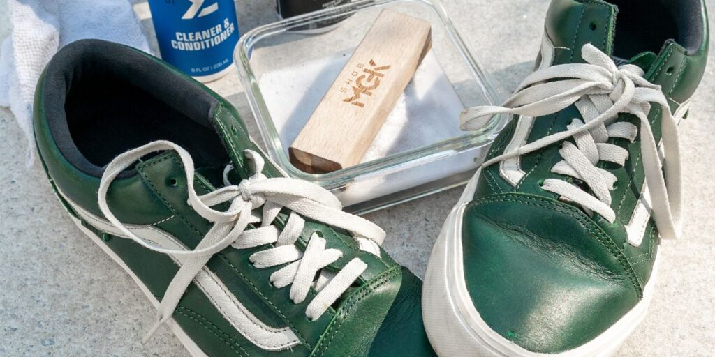 Green leather Vans next to Shoe MGK Product
