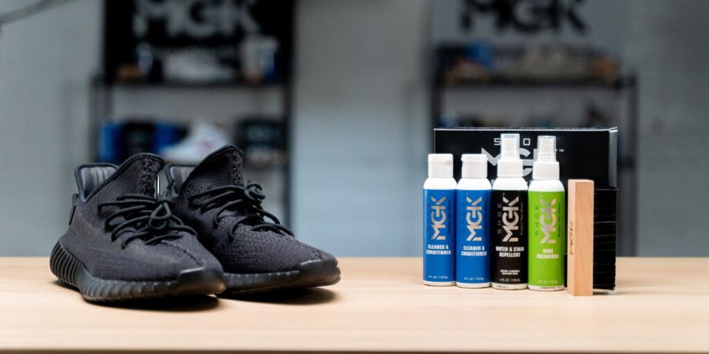 New Jordans next to Shoe MGK Products