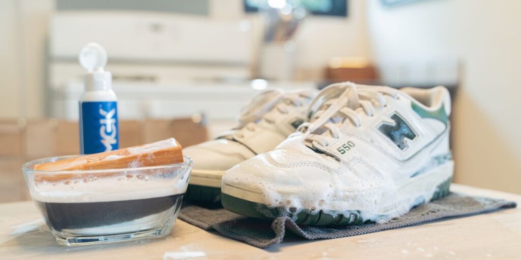 White shoes getting cleaned with Shoe MGK