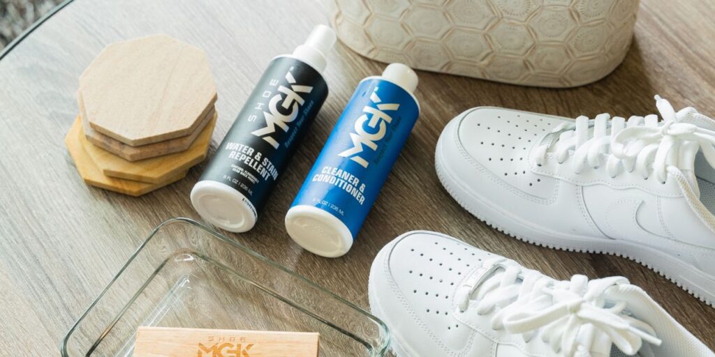 White shoes near shoe mgk shoe cleaner